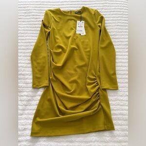 Zara Oil Green Long Sleeve Ruched Mini Dress